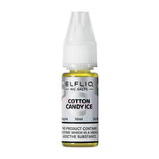 A bottle of Elf Bar ElfLiq Cotton Candy Ice Nic Salt Vape Juice, 10ml, with a label showing the flavor and nicotine strength.